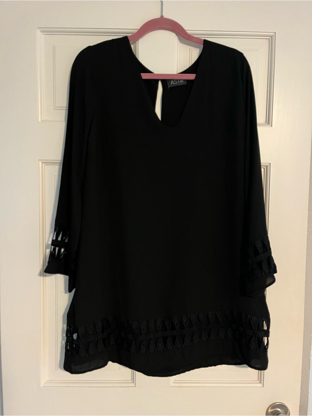 ASTR Black V-Neck Tunic Mini Dress with Embellished Hem